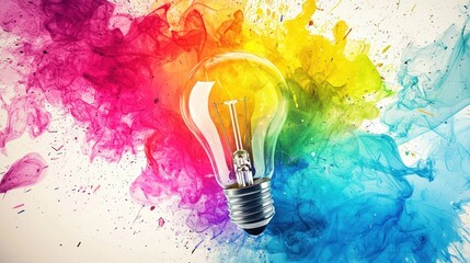 A colorful light bulb with a rainbow-colored background, emitting a bright yellow light.