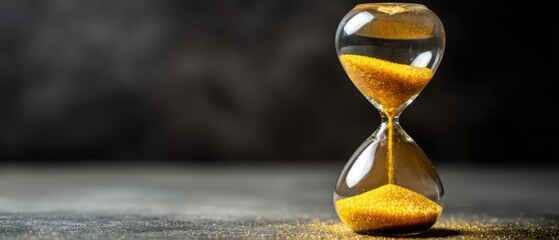 A glass hourglass with golden sand flows on a dark surface, symbolizing the passage of time and the concept of urgency