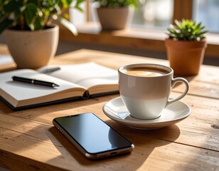 デスクの上に置かれたコーヒーカップとスマホ、手帳