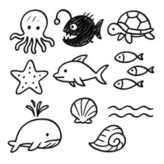 Kids Crayon Sea Animal Doodles – Childlike Sketch Style – Transparent Background