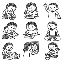 Kids Crayon Daily Activities Doodles – Childlike Sketch Style – Transparent Background