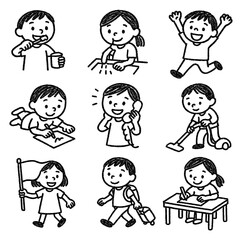 Kids Crayon Daily Activities Doodles – Childlike Sketch Style – Transparent Background