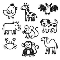 Kids Crayon Animal Doodle Collection – Hand Drawn Childlike Style – Transparent Background