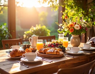 おしゃれな木製のテーブルに並べられた朝食