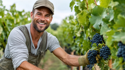 Organic vineyard worker smiling while harvesting grapes in lush vineyard