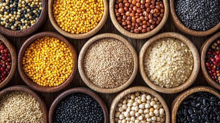 A collection of various seeds and grains in wooden bowls on a wooden table.