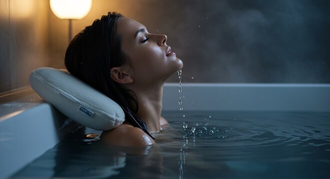 Woman in a bathtub head tilted back water dripping eyes closed with a bath pillow and steam