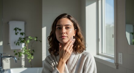 Woman in a robe uses a gua sha tool on her face in a sunlit bathroom with a plant and mirror