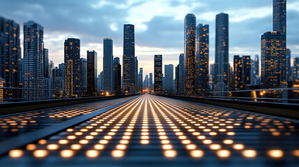 Vibrant city skyline dusk, featuring illuminated buildings and pathway of lights leading into