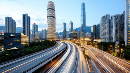 Obraz premium Modern city skyline dusk with illuminated buildings and busy highways creating vibrant