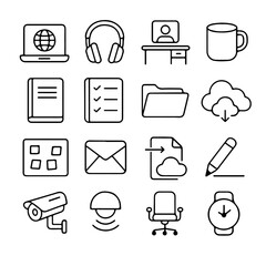 Office essentials outline vector illustration icon set featuring a stylish combination of work tools.