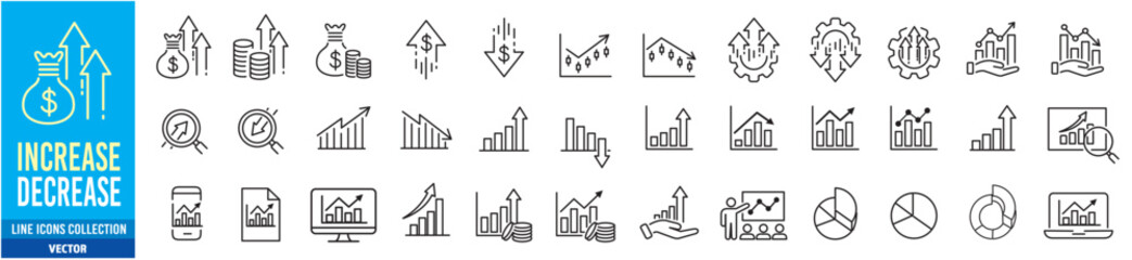 Increase decrease icon set. Editable line icon collection.
Vector illustration. 