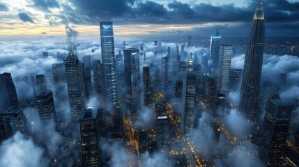 Majestic skyscrapers rise above clouds, illuminated by city lights at dusk