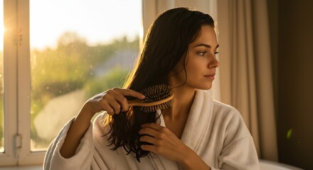 Woman in white bathrobe brushing wet dark hair by a sunny window with golden light side profile
