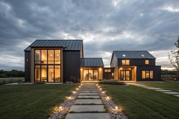 Obraz premium Modern luxury house at dusk with floor-to-ceiling windows, landscaped lawn, sleek facade, contemporary design, glowing lights, and a paved pathway. Perfect for real estate themes.