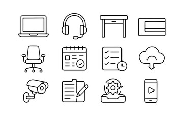 Minimalist line art icons for website or app illustrating technology, business concepts in vector format.