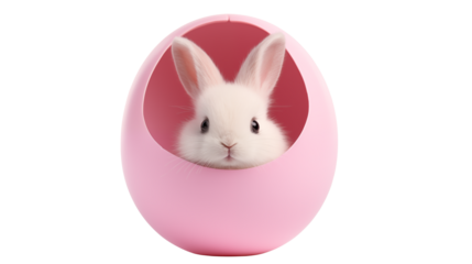 An adorable white bunny sits inside a pink egg-shaped container  isolated on transparent background