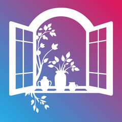 Arch window with plants and decorative items on a sill in a colorful gradient background. Silhouette of an open window with flowers and vases on a windowsill, showing a tranquil and decorative scene.