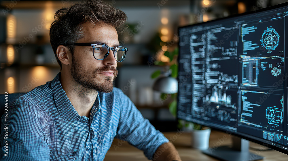 Poster focused engineer analyzing data on computer screen, showcasing technology and innovation