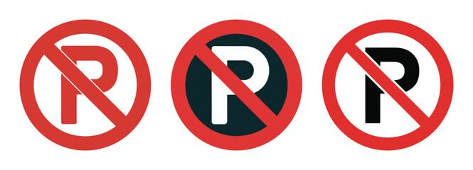 Collection of three distinct no parking signs with red prohibition circles
