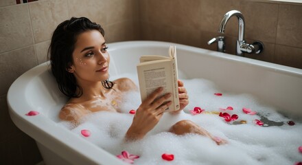 Woman relaxing in a bubble bath with rose petals reading a book in a welllit bathroom
