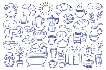 Morning routine hand drawn elements of breakfast and hygiene for lifestyle and relaxation concept