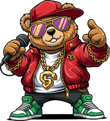 Cool teddy bear rapper character with microphone and gold chain, cartoon vector illustration.