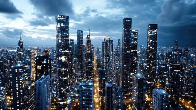 Fototapeta Stunning skyline night featuring high rise buildings illuminated by city lights, showcasing