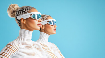 Futuristic fashion models wearing sleek sunglasses and stylish outfits pose against blue