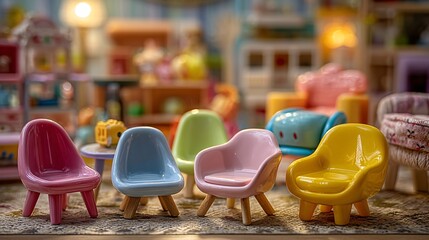 Colorful Miniature Chairs in a Playroom Setting with Soft Lighting