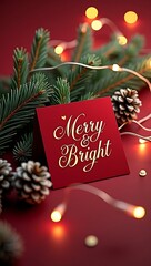Seasonal greeting card with “Merry & Bright” in festive gold script on deep red background, resting against pine branches and fairy lights