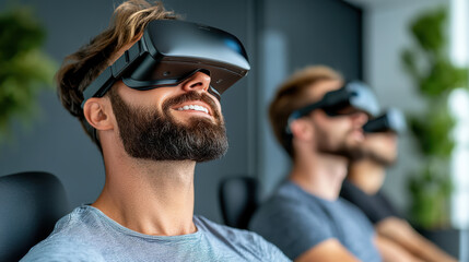 Immersive virtual reality experience with users wearing headsets, showcasing excitement