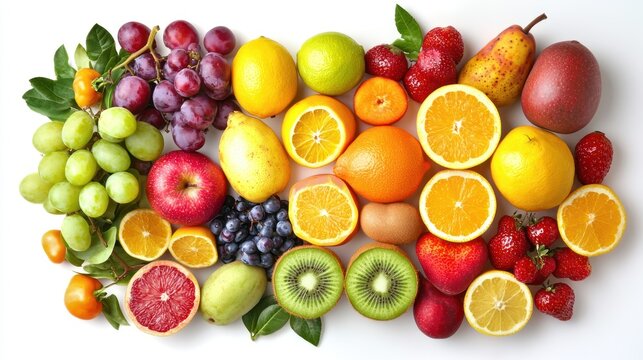 A colorful arrangement of various fruits and vegetables on a white background.