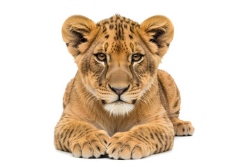 Fototapeta premium baby lion cub resting in studio photography with clean white background 