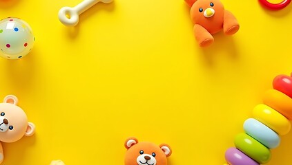 Fototapeta premium Colorful flat lay of playful baby toys including rattle, teether, soft plush animal, and stacking rings on a bright yellow background