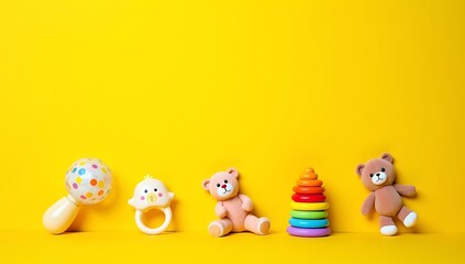 Obraz premium Colorful flat lay of playful baby toys including rattle, teether, soft plush animal, and stacking rings on a bright yellow background
