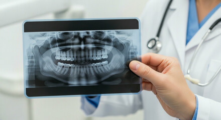 A displaying a panoramic dental x-ray of a full set of teeth and jaw