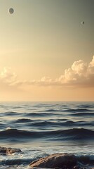 Obraz premium Calm Ocean Waves on a Peaceful Day, with Celestial Spheres in the Horizon