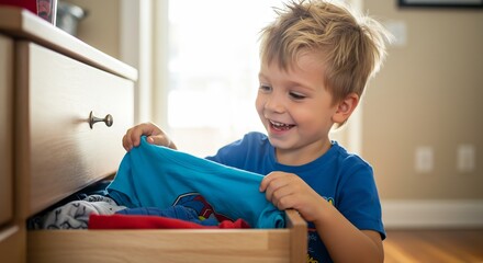 Young blonde boy with a wide smile looking into an open wooden dresser drawer holding a blue tshirt