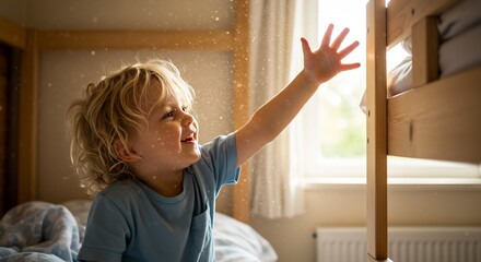 Young child reaching in sunlit bedroom with dust motes next to wooden bunk bed