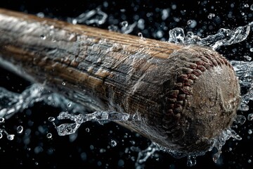 Water Splash on Wooden Baseball Bat and Ball Isolated on Black Background