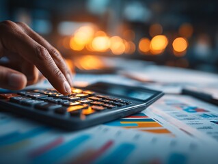 Fototapeta premium Hand Using Calculator on Financial Reports with Blurred Background