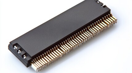 Close-up view of a black circuit card with gold-colored connector pins.