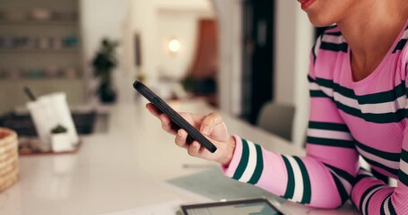 Hands, phone and woman in home office for remote work, social media and campaign graphs. Mobile, typing and freelancer on internet for email, ads and text message for engagement metrics with data