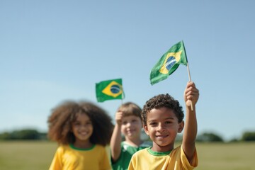 Children joyfully celebrating, waving Brazilian flags in sunny f