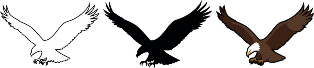Three distinct graphic representations of a bald eagle in mid flight showcasing its wingspan and talons in outline silhouette and full color