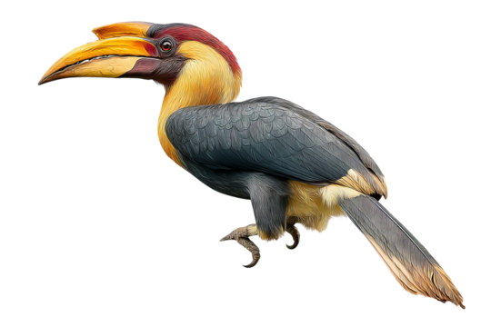 Hornbill bird with transparent background in high resolution PNG style, isolated wildlife illustration perfect for cutout and design projects