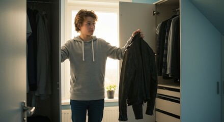 Young man in a gray hoodie stands between open wardrobes holding a black jacket bright window behind
