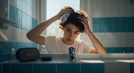 Young person applying product to curly hair reflected in a bathroom mirror with blue and white tiles