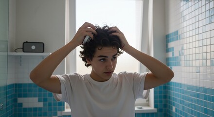 Young person with curly hair uses a brush in a bright bathroom with blue and white tiled walls